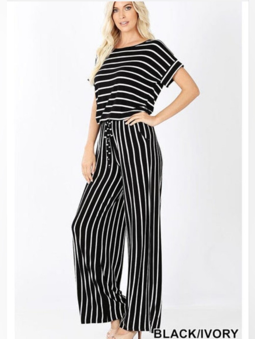 Zenana Outfitters Black & Ivory Vertical-Stripe Wide-Leg Jumpsuit